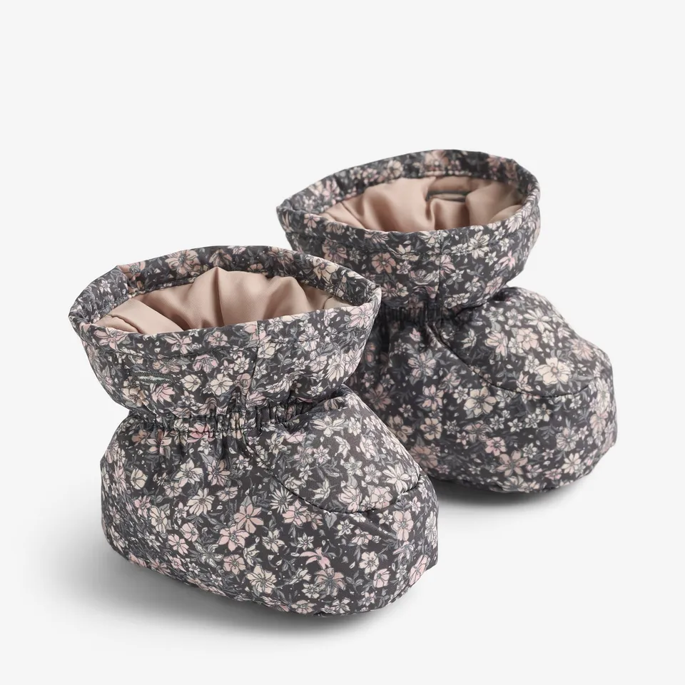 wheat-fuffa-puffer-booties-dark-charcoal-flowers-baby image 1