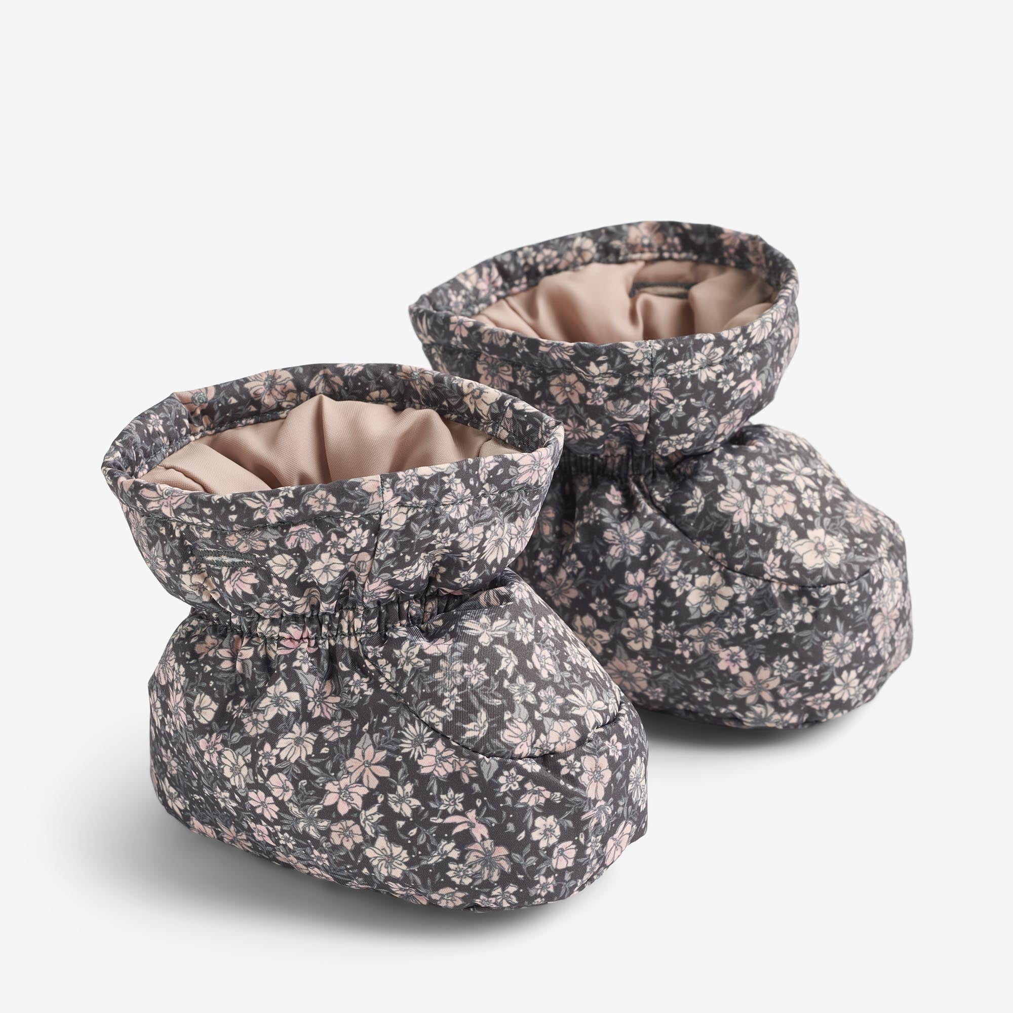 wheat-fuffa-puffer-booties-dark-charcoal-flowers-baby image 1