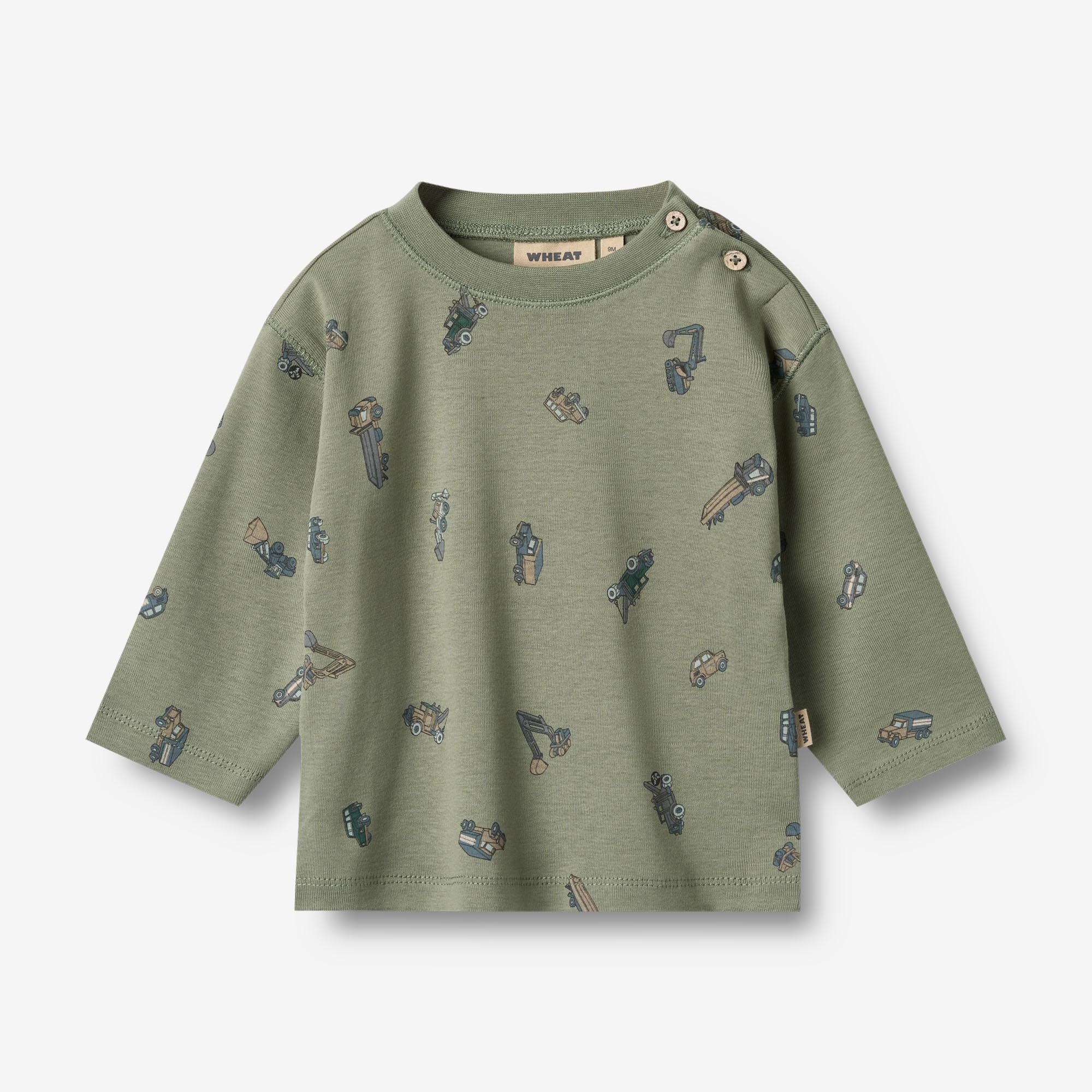 wheat-malthe-langarmshirt-dusty-green-cars-bio-baumwolle-baby image 1